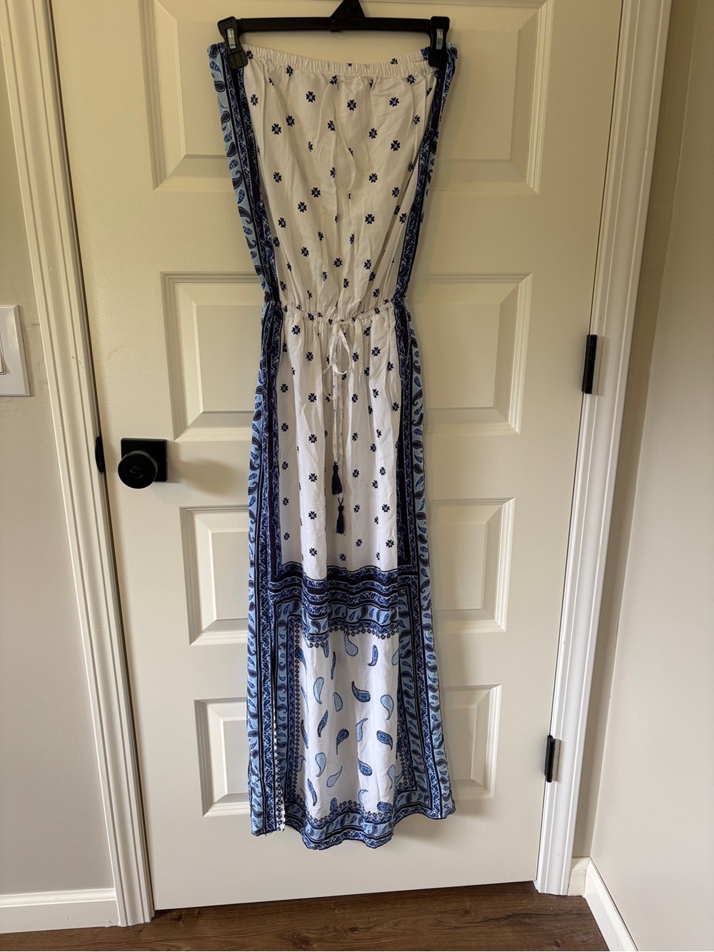 Tommy Bahama White and Blue Strapless Printed Maxi Dress